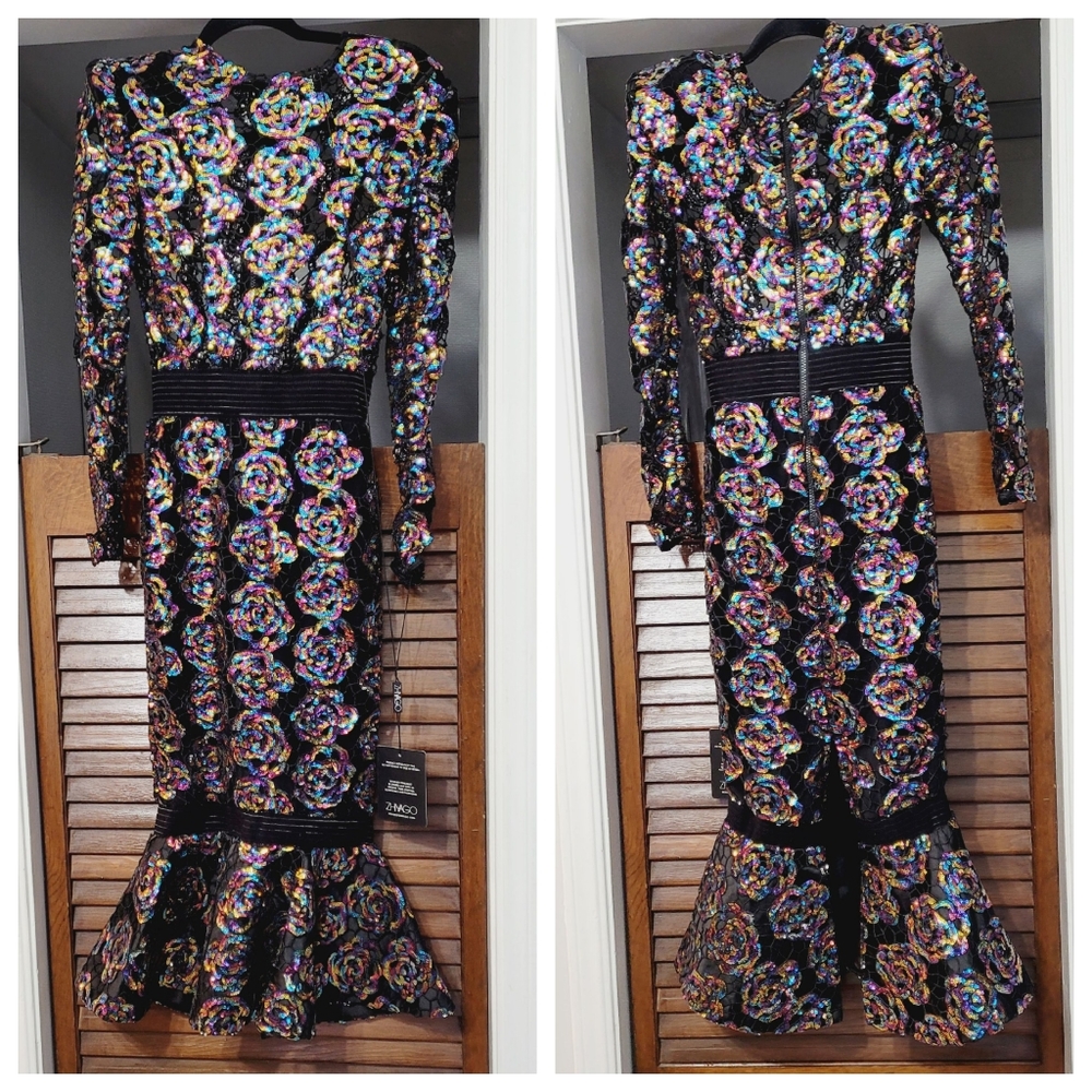 🤑SOLD🤑ZHIVAGO MOKAI NIGHTS SEQUINED LACE CALF-LENGTH DRESS - Picture 6 of 16